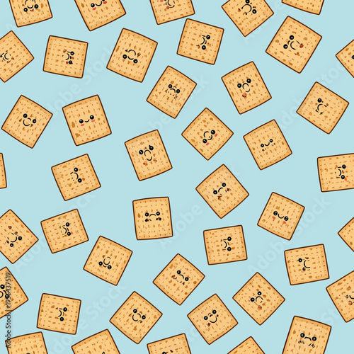 A seamless pattern of cute cartoon crackers with various facial expressions on a light blue background.
