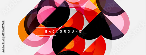 Abstract colorful shapes overlap creating dynamic composition. Pink, red, purple hues dominate design. Modern graphic element.