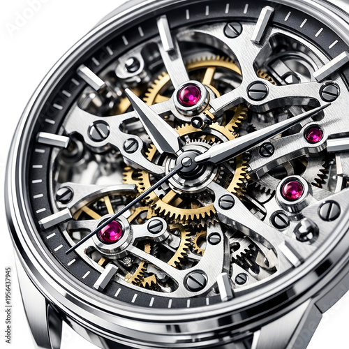 Luxury watch dial close up with visible gear mechanism. Closeup of a mechanical watch with exposed gears and ruby jewels  