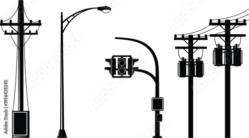 Electric utility poles street light traffic signal power lines transformer silhouette infrastructure energy distribution technology urban equipment vector illustration
