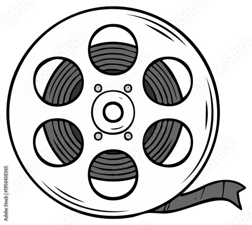 Classic cinema film reel with flowing movie strip illustration representing entertainment and vintage media production