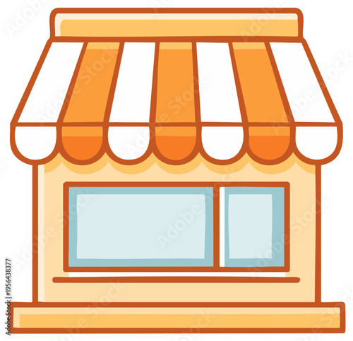 Cartoon Storefront Illustration with Striped Awning and Window Displays