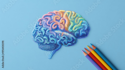 Colorful brain drawing crayon style on blue background creativity concept playful humanized design with rainbow texture and colored pencil
