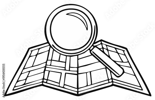 Magnifying glass over unfolded map representing search and discovery