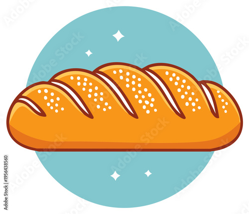 Cartoon loaf of bread, freshly baked on blue with stars, wheat vector