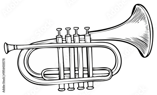 Vintage Brass Cornet Musical Instrument Line Art Illustration