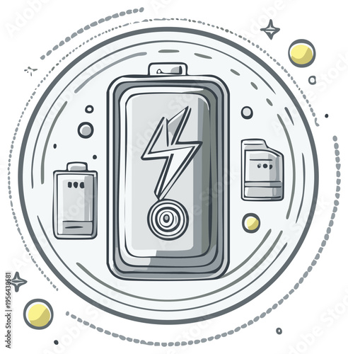 Stylized doodle illustration of a battery with a lightning bolt symbol representing power and energy