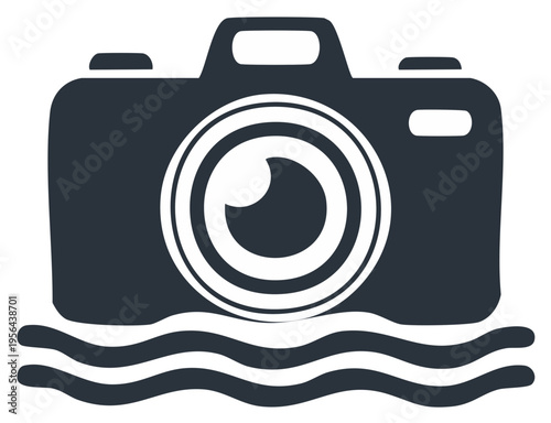 Stylized waterproof camera icon with waves representing water resistance for photography