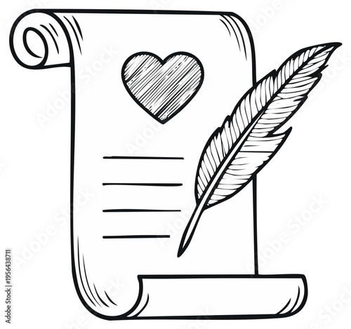 Hand drawn scroll with heart and feather quill symbol of love letter or romantic message