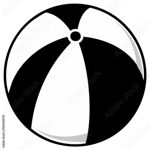 Classic black and white inflatable beach ball with curved panels and central button detail