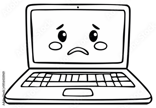 Sad cartoon laptop computer with worried face and tear drops