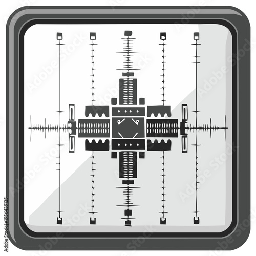 Abstract technical diagram with crosshairs and measurement grids in a retro television screen frame