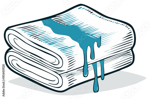 Blue liquid spilling onto stack of neatly folded white towels clean fresh laundry concept vector illustration