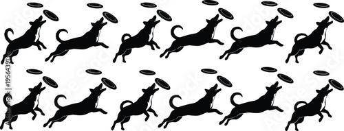 Dog jumping catching flying disc silhouette pattern seamless background playful pet action training agility black isolated illustration design