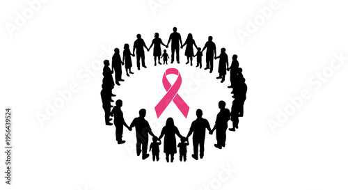 Pink Ribbon Surrounded by Silhouetted People.