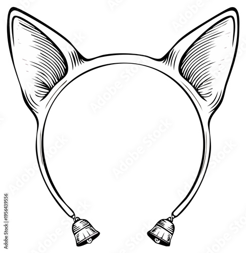 Whimsical animal ear headband with dangling bells, artistic line drawing