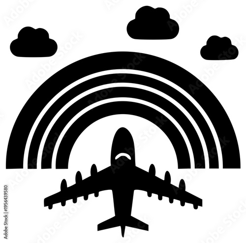 Airline Jet Flying Towards Rainbow and Clouds Sky