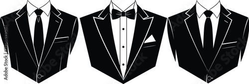 Formal suit tuxedo silhouette collection elegant men fashion black tie bowtie business attire vector illustration isolated design set