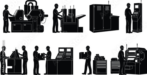 Industrial workers operating heavy machinery in factory production line manufacturing process engineering automation equipment industry labor workflow safety technology system