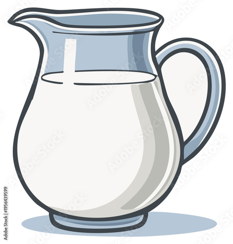 Clear glass pitcher filled with white milk showing a curved handle and pouring spout