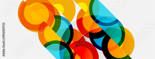 Abstract composition featuring overlapping translucent circles. Vibrant colors create dynamic visual effect. Modern design, simple geometry.