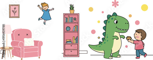 Cute kids room scene with child playing and friendly dinosaur cartoon character nursery interior vector illustration collection