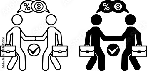 Bargain Icons. Line and Glyph Vector Icons. Vector Icon. Businessmen Shaking Hands, Percentage, and Dollar Sign. Profitable Business Deal, Profitable Offer. Price Concept