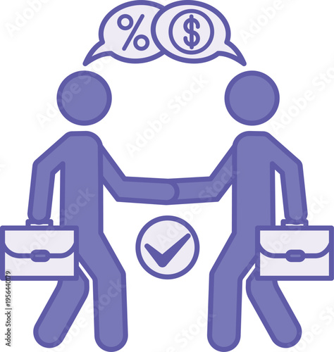 Colored Bargain Icon. Vector Icon. Businessmen Shaking Hands, Percentage, and Dollar Sign. Profitable Business Deal, Profitable Offer. Price Concept