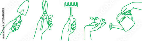 Hands holding gardening tools and plant