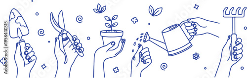Hands holding gardening tools and plants in minimalist line art style