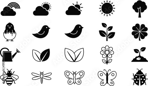 Black cloud silhouettes and weather icon set with thunder lightning sun and rain clouds vector isolated on a white background.