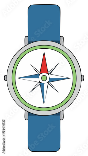 Cartoon Styled Wrist Compass with Blue Strap Illustration for Directional Guidance