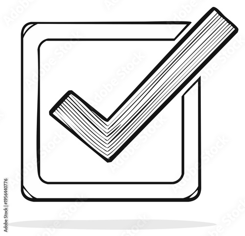 Hand-drawn check mark inside square box. Approved or confirmed icon in sketch style.
