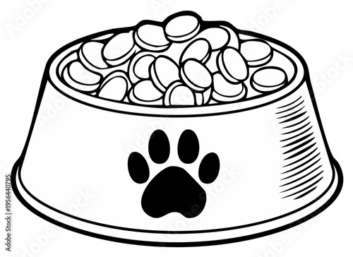 Monochrome Pet Food Bowl Illustration with Paw Print Design and Canine Kibble Treat