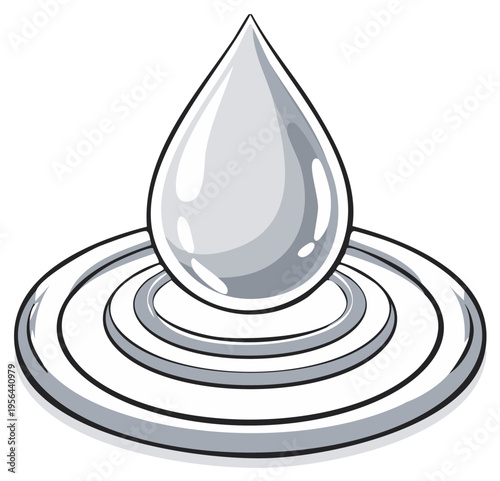 A single silver drop creates ripples on a clear surface creating a calming visual effect