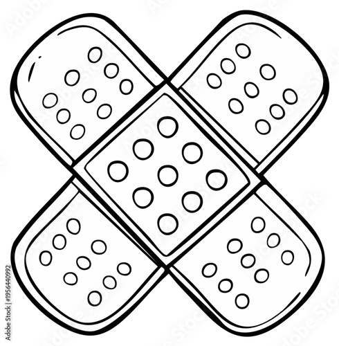 Crossed adhesive bandages illustration, medical plaster for minor wound care, sketch style.