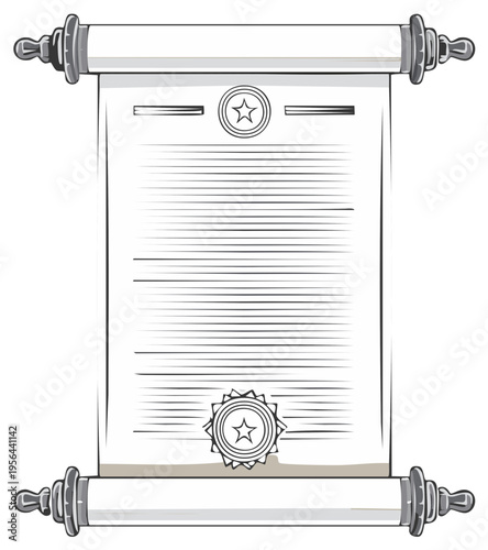 Unrolled ancient parchment scroll with official seals for a decree or diploma illustration