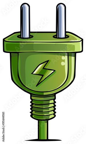 Illustrated green electrical plug with a lightning bolt symbol for sustainable energy and power conservation