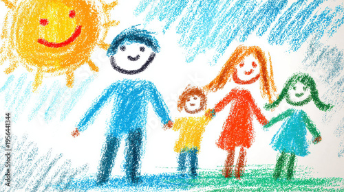 Crayon drawing happy family sunlight AI helping playful concept