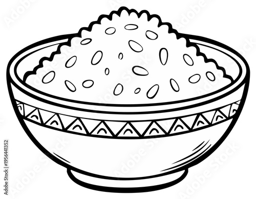 Bowl of rice in black and white. Grainy texture, decorative bowl, line drawing illustration for food themed visuals and designs