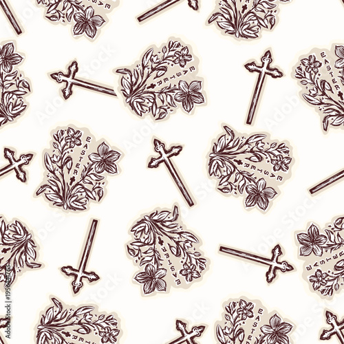 Christian cross seamless vector pattern. Hand drawn religious crucifix vintage illustration for wallpaper background. Catholic symbol all over print. 