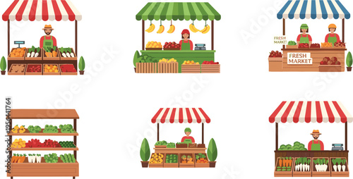 Farmers market stalls set with fresh fruits vegetables vendors street shop organic food flat vector illustration collection
