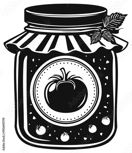 Vector illustration of a glass jar filled with tomato jam or preserves adorned with a tomato label and leaves.