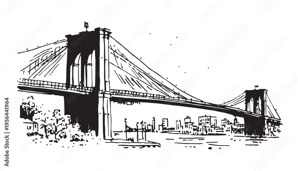 Fototapeta premium Brooklyn Bridge in New York, hand drawn illustrations. 