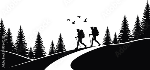 Hiking adventure forest silhouette vector illustration .