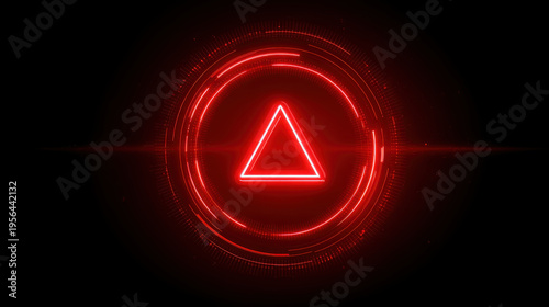 Cyber alert concept red glow symbol red neon triangle warning sign on futuristic digital circle interface minimal dark background tension