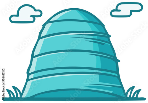 A stylized illustration of a large blue anthill or termite mound standing in a grassy field with clouds in the sky