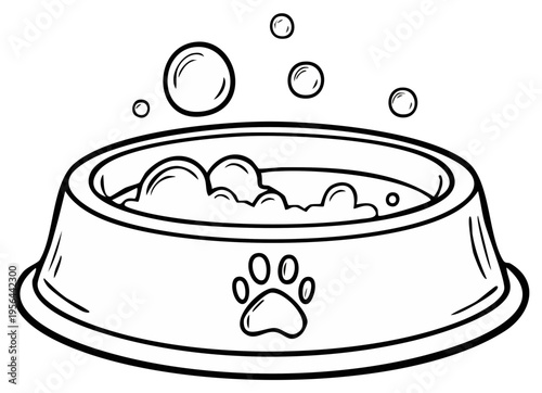 Dog bowl filled with soap bubbles, paw print illustration, pet care