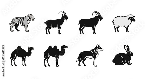 Diverse set of black and white animal icons, featuring various wildlife and domesticated creatures such as a tiger, goats, camels, a wolf, a sheep, and a rabbit, for modern graphic design