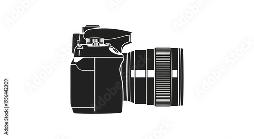 Modern monochromatic graphic silhouette of a digital camera with a prominent lens, symbolizing photography, visual technology, and creative capture, presented as an elegant, versatile icon